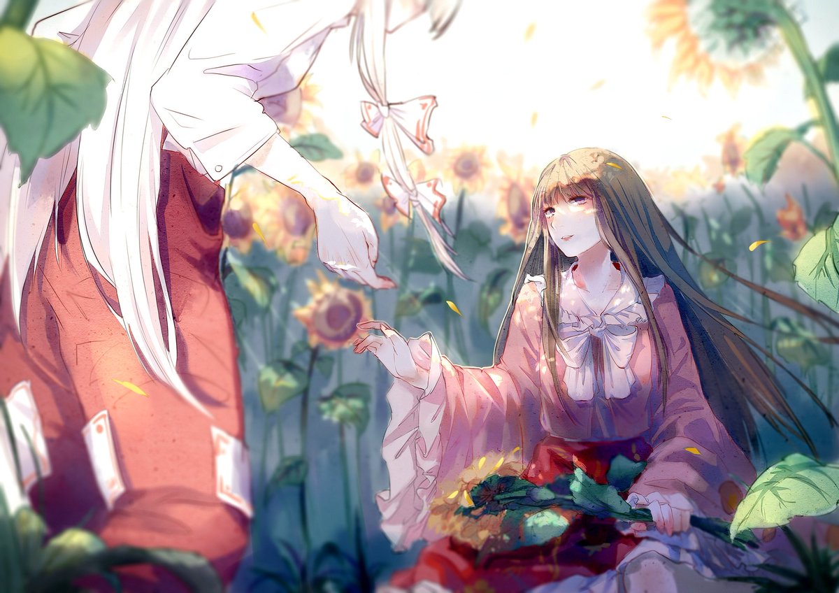 2girls backlighting black_hair dress flower fujiwara_no_mokou holding holding_flower houraisan_kaguya image_sample kamigakushi_no_cho_sakura long_sleeves multiple_girls pants pink_dress red_pants sunflower touhou twitter_sample white_hair