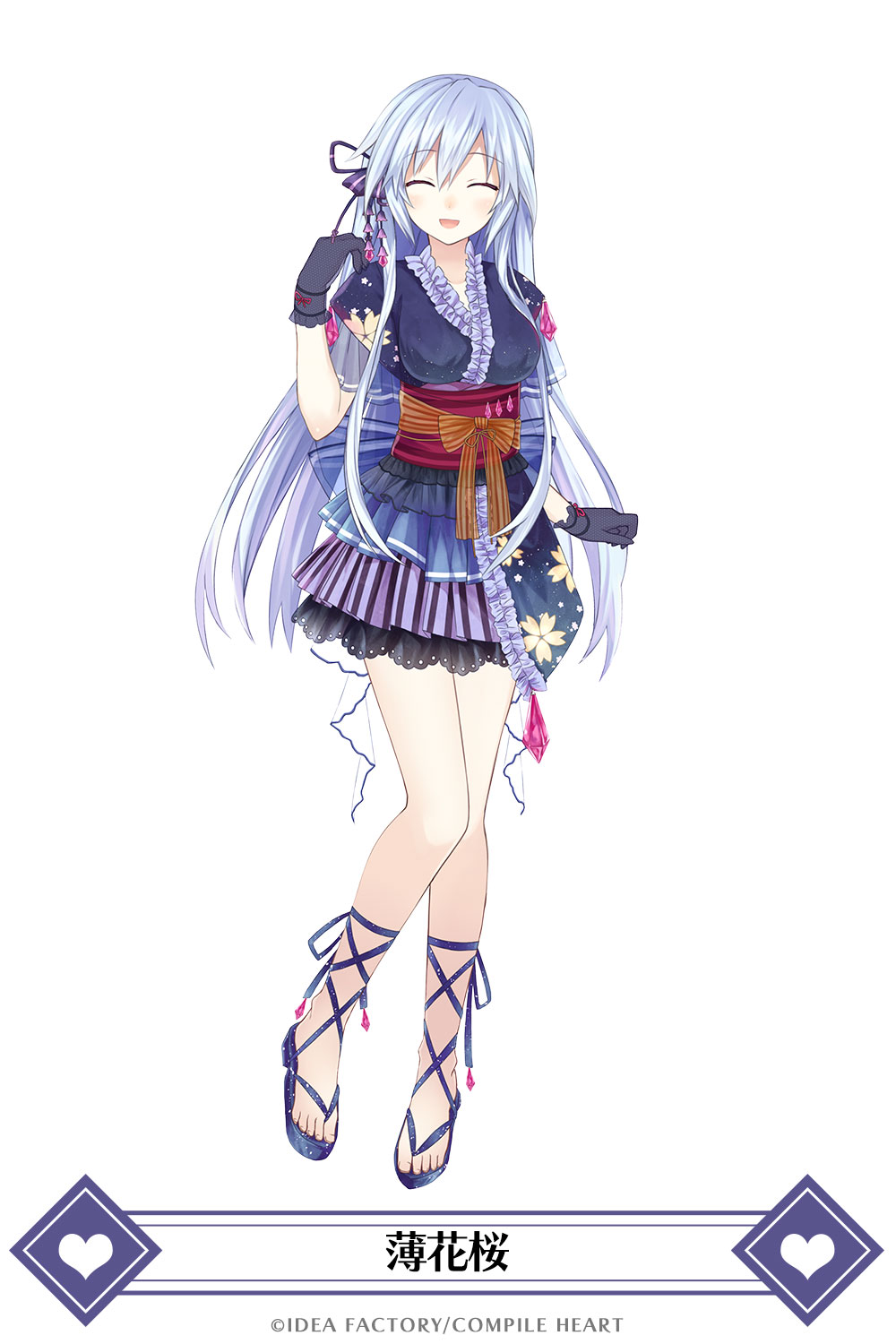 1girl alternate_costume breasts fairy_fencer_f floral_print highres japanese_clothes kimono long_hair looking_at_viewer obi open_mouth sash skirt smile tiara_(fairy_fencer_f) white_hair yukata