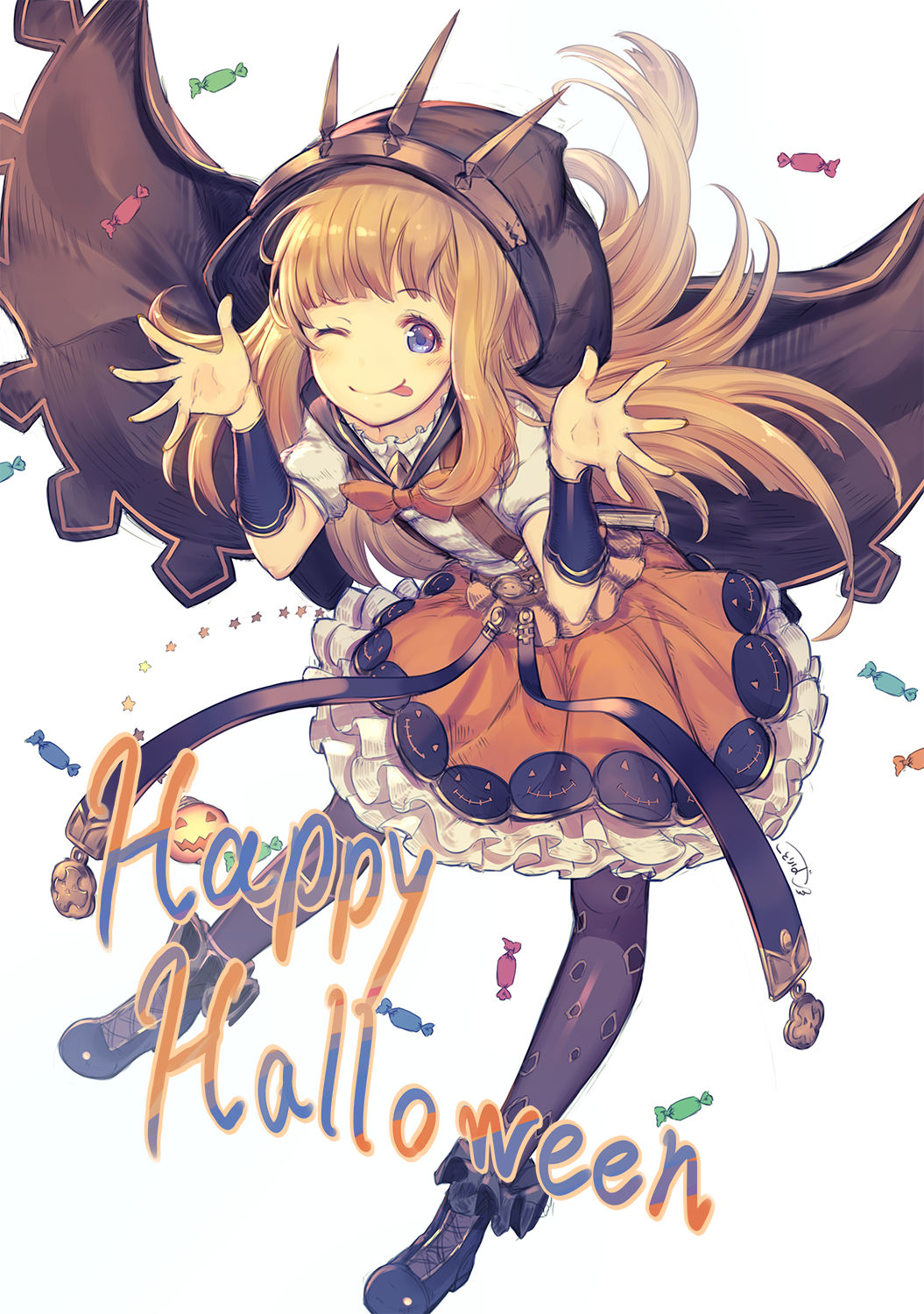 1girl :p adapted_costume bangs belt blonde_hair blue_eyes blue_sailor_collar boots bow bowtie bracer cagliostro_(granblue_fantasy) candy cloak eyebrows_visible_through_hair fingernails food frilled_skirt frills full_body granblue_fantasy halloween highres hood_up kotoribako looking_at_viewer nail_polish one_eye_closed orange_nails orange_neckwear orange_skirt pantyhose puffy_short_sleeves puffy_sleeves purple_footwear purple_legwear sailor_collar school_uniform serafuku short_sleeves skirt solo suspender_skirt suspenders tongue tongue_out white_background