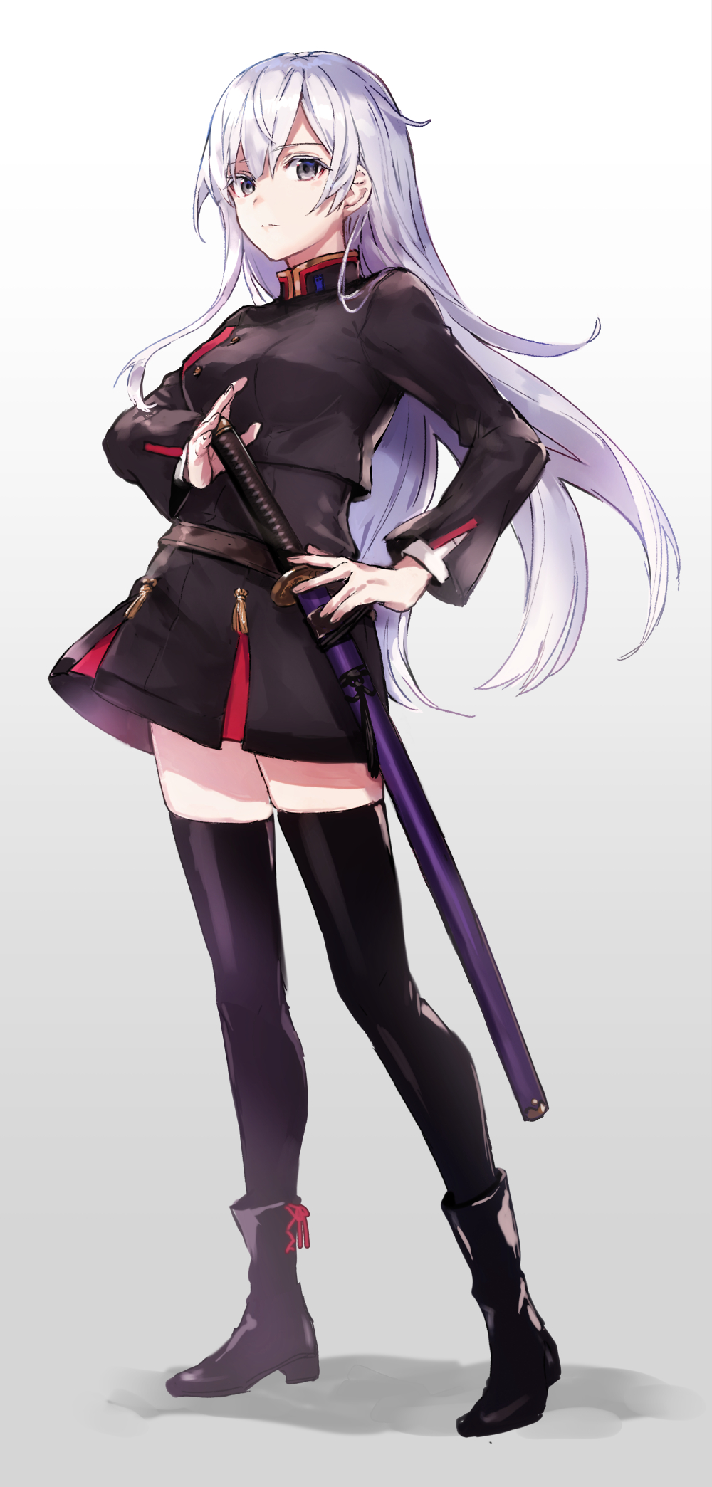 1girl arisaka_ako bangs black_footwear black_legwear black_skirt boots breasts closed_mouth eyebrows_visible_through_hair full_body grey_background grey_eyes highres katana long_hair long_sleeves looking_at_viewer medium_breasts military military_uniform original sheath sheathed sidelocks silver_hair skirt solo standing sword thigh-highs uniform very_long_hair weapon zettai_ryouiki