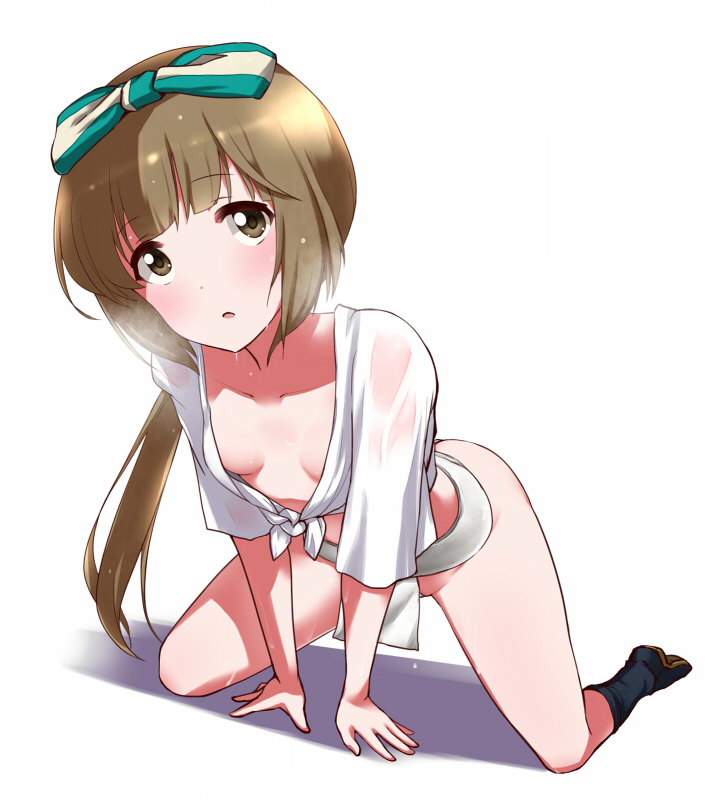 1girl all_fours black_legwear bow breasts brown_eyes brown_hair character_request cleavage collarbone eyebrows_visible_through_hair hair_bow idolmaster idolmaster_cinderella_girls long_hair looking_at_viewer no_panties open_mouth ponytail shirt simple_background small_breasts solo striped striped_bow tango_(tn500) tied_shirt wet wet_clothes wet_shirt white_background