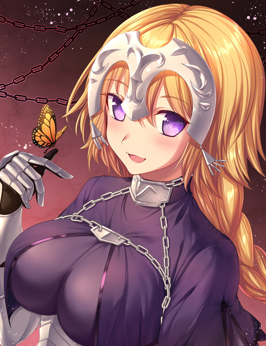 1girl :d animal bangs blonde_hair blue_eyes blush braid breasts butterfly_on_hand capelet chains corset eyebrows_visible_through_hair fate/apocrypha fate_(series) gauntlets hair_between_eyes hand_up headpiece insect jeanne_d'arc_(fate) jeanne_d'arc_(fate)_(all) large_breasts light_particles long_hair looking_at_viewer open_mouth single_braid smile solo tsuru_ringo underbust upper_body violet_eyes