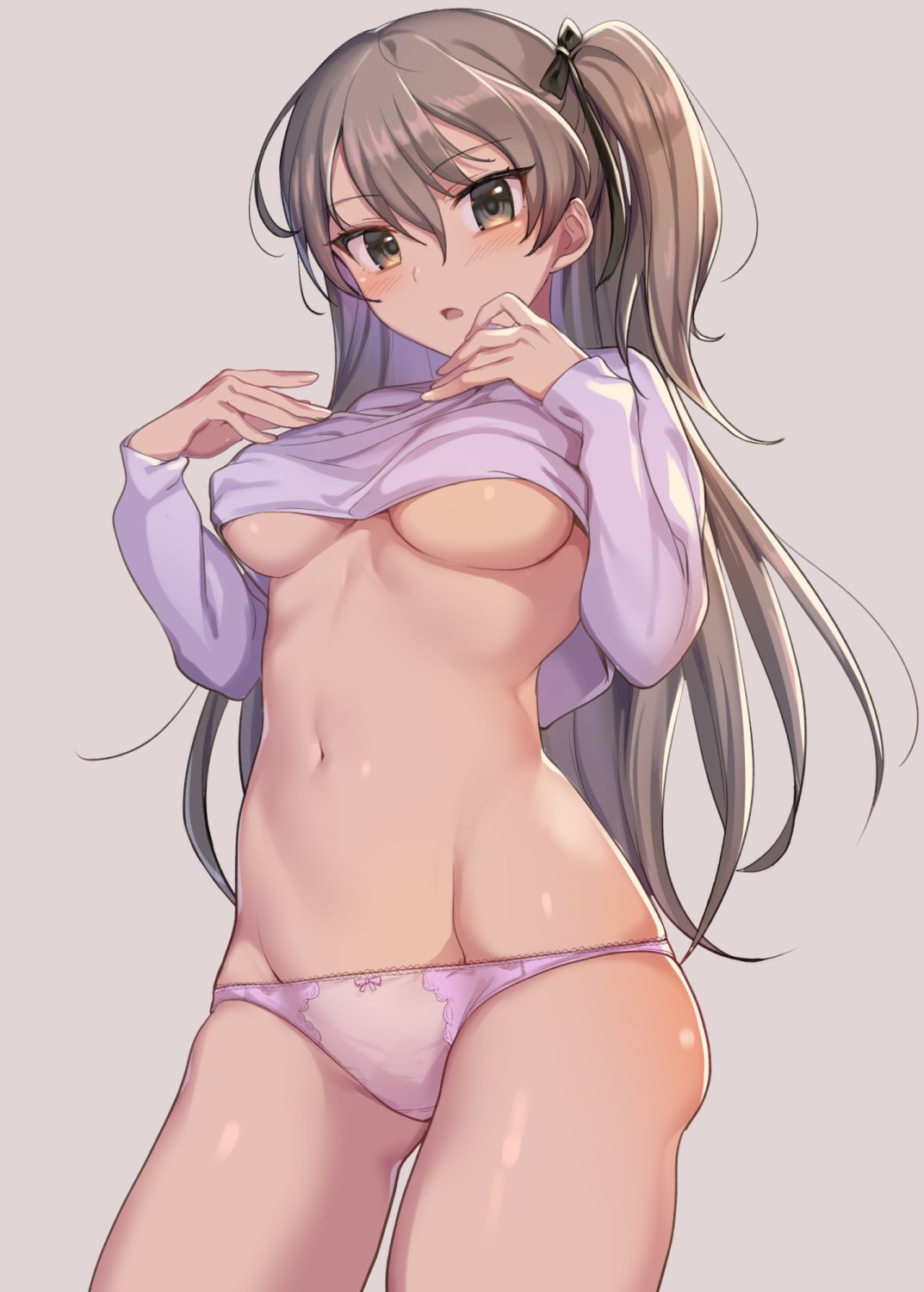 1girl :o blush breasts cowboy_shot girls_und_panzer gluteal_fold green_eyes grey_background groin hands_up highres ikomochi long_sleeves looking_at_viewer medium_breasts navel no_bra one_side_up panties panty_pull parted_lips pink_panties purple_shirt shimada_arisu shirt silver_hair simple_background skindentation solo standing underwear