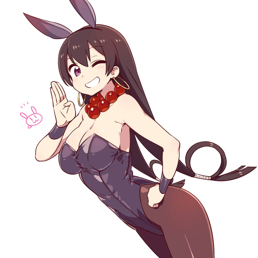 1girl :d alternate_costume animal_ears bangs bare_shoulders blue_leotard breasts brown_hair brown_leotard bunnysuit chan_co cleavage covered_navel cowboy_shot dutch_angle earrings eyebrows_visible_through_hair fake_animal_ears fate/grand_order fate_(series) hairband hand_on_hip hand_up hoop_earrings jewelry large_breasts leotard long_hair looking_at_viewer low_twintails necklace one_eye_closed open_mouth pantyhose rabbit_ears simple_background smile solo standing twintails violet_eyes white_background wristband xuanzang_(fate/grand_order)