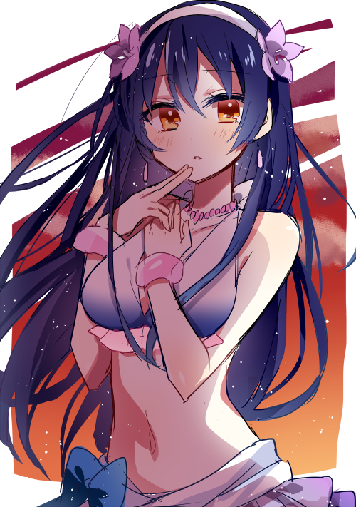 1girl bangs bikini bikini_skirt blue_hair bracelet commentary_request earrings finger_to_mouth flower frilled_bikini frills hair_between_eyes hair_flower hair_ornament hibiscus jewelry long_hair looking_at_viewer love_live! love_live!_school_idol_project manio natsuiro_egao_de_1_2_jump! necklace solo sonoda_umi swimsuit yellow_eyes