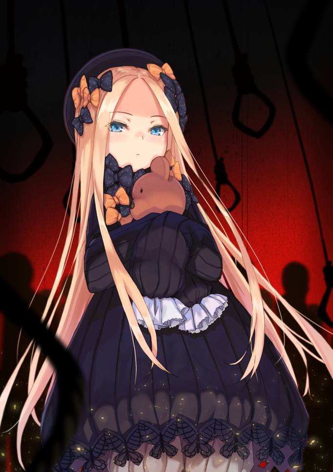 1girl abigail_williams_(fate/grand_order) blonde_hair bloomers blue_eyes blurry bow closed_mouth commentary_request cowboy_shot depth_of_field dress expressionless eyebrows_visible_through_hair eyes_visible_through_hair fate/grand_order fate_(series) floating_hair from_below hair_bow hands_in_sleeves hat holding holding_stuffed_animal light_particles long_hair long_sleeves looking_at_viewer maru_(maru1625) noose object_hug orange_bow polka_dot polka_dot_bow red_background short_dress sidelocks silhouette solo standing straight_hair stuffed_animal stuffed_toy teddy_bear underwear very_long_hair white_bloomers