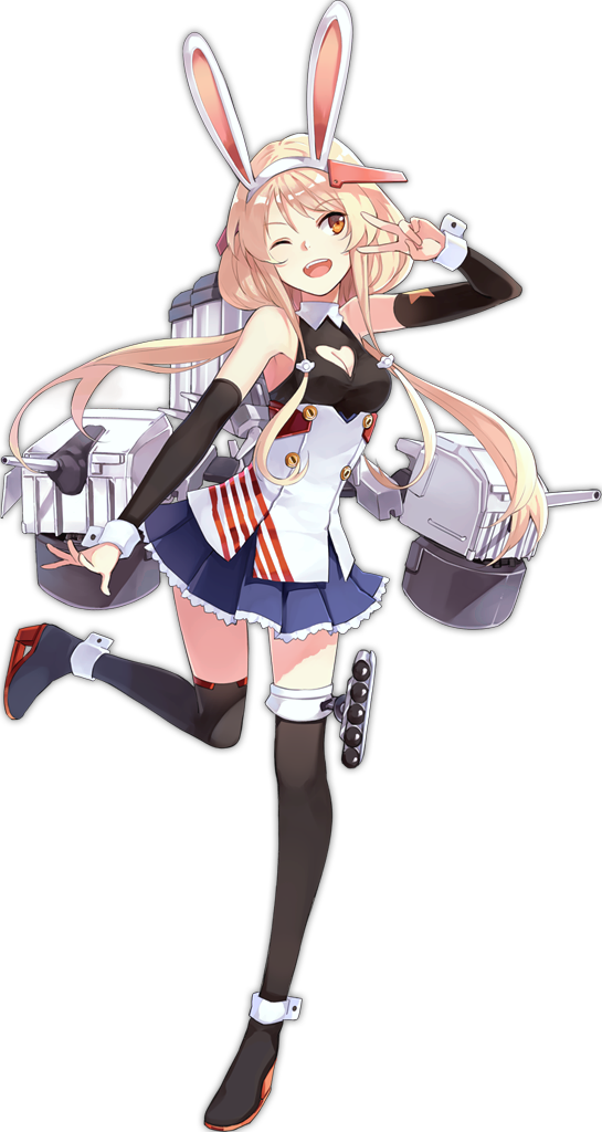 1girl ;d animal_ears ankle_cuffs arm_at_side armpits azur_lane bangs bare_shoulders benson_(azur_lane) black_legwear black_shirt blonde_hair blue_skirt breasts buttons cleavage_cutout detached_sleeves eyebrows eyebrows_visible_through_hair facing_away fake_animal_ears full_body hair_between_eyes hair_ornament hairband hao_(patinnko) heart heart_cutout leg_up long_hair long_sleeves looking_away looking_to_the_side low_twintails machinery miniskirt official_art one_eye_closed open_mouth orange_eyes over-kneehighs palms platform_footwear pleated_skirt rabbit_ears shiny shiny_hair shirt sidelocks skirt sleeveless sleeveless_shirt small_breasts smile solo standing standing_on_one_leg star star_print striped striped_clothes teeth thigh-highs thigh_strap tongue torpedo transparent_background turret turtleneck twintails underbust v v_over_eye white_background white_hairband wrist_cuffs zettai_ryouiki