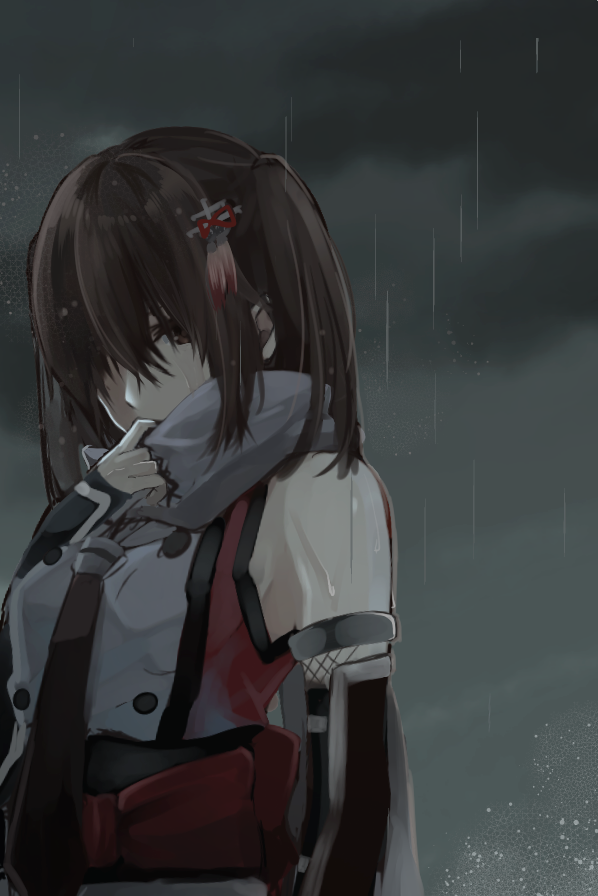 1girl bare_shoulders bracer brown_eyes brown_hair clouds cloudy_sky detached_sleeves grey_scarf hair_between_eyes hair_ornament hair_over_one_eye kantai_collection looking_at_viewer night obi one_eye_covered rain rinto_(rint_rnt) sash scarf scarf_over_mouth sendai_(kantai_collection) sky solo twintails upper_body vest wet wet_hair