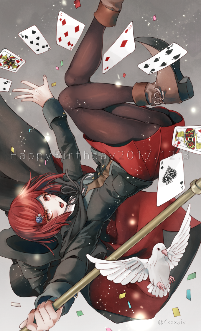 1girl animal ankle_boots ass bangs bird black_cape black_hat black_jacket black_legwear blush boots brown_footwear cape card confetti dangan_ronpa foreshortening from_side gradient gradient_background grey_background hair_ornament hairclip happy_birthday hat jacket long_sleeves looking_at_viewer looking_to_the_side new_dangan_ronpa_v3 open_clothes open_jacket open_mouth outstretched_arms pantyhose playing_card red_eyes red_skirt redhead sakuyu school_uniform short_hair skirt solo swept_bangs twitter_username unbuttoned upside-down witch_hat yumeno_himiko