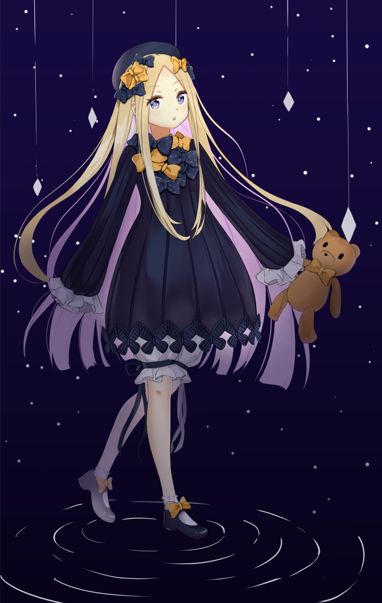1girl :o abigail_williams_(fate/grand_order) bangs black_bow black_dress black_hat blonde_hair bloomers bow butterfly commentary_request dress fate/grand_order fate_(series) full_body hair_bow hands_in_sleeves hat highres hikashou holding holding_stuffed_animal long_hair long_sleeves looking_at_viewer orange_bow parted_bangs parted_lips polka_dot polka_dot_bow revision ripples sky solo star_(sky) starry_sky stuffed_animal stuffed_toy teddy_bear underwear very_long_hair violet_eyes walking white_bloomers