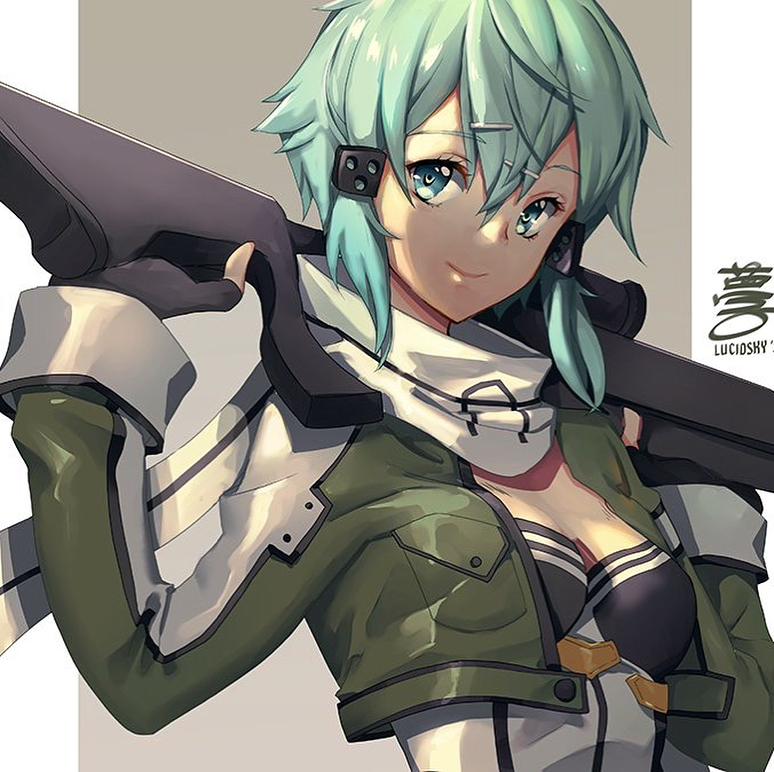 1girl cropped_jacket fingerless_gloves gloves green_eyes green_hair gun hair_ornament hairclip looking_at_viewer rifle scarf shinon_(sao) short_hair signature smile solo sword_art_online weapon yume_ou