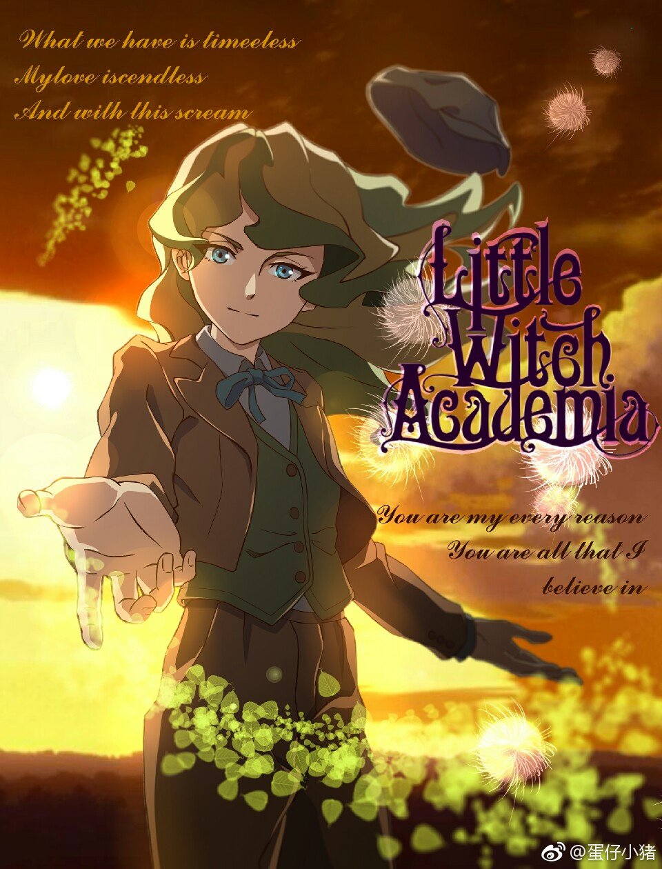 1girl diana_cavendish english formal hat highres little_witch_academia outstretched_hand suit sunset