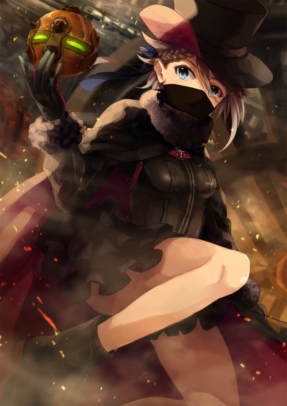 1girl ange_(princess_principal) black_cape black_footwear black_gloves black_hat black_skirt blue_eyes breasts brown_hair cape covered_mouth from_below gloves hair_ribbon hat highres layered_skirt miniskirt princess_principal ribbon short_hair skirt small_breasts solo tsuyuki_(oudan_chitsujo_xxx)