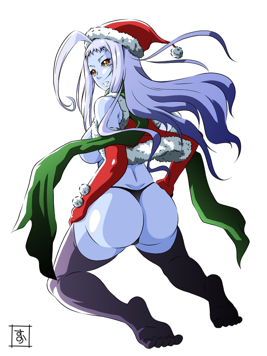 1girl ahoge ass black_legwear black_panties black_sclera blue_hair blue_skin breasts convenient_censoring elbow_gloves feet from_behind full_body fur_trim gloves green_scarf hat highres huge_ahoge kneeling lala_(monster_musume) large_breasts legs_apart long_hair looking_at_viewer looking_back monster_musume_no_iru_nichijou panties parted_lips pom_pom_(clothes) red_gloves red_hat s-now santa_costume santa_hat scarf signature simple_background solo thigh-highs thong underwear white_background