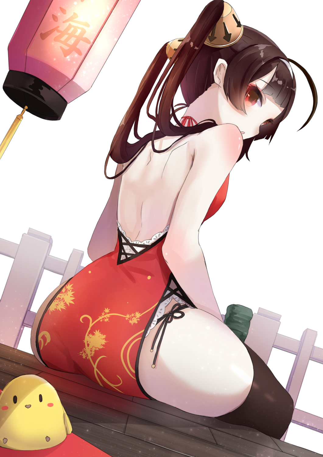 1girl :o ahoge ass azur_lane back bangs bare_arms bird black_hair black_legwear black_panties black_ribbon blunt_bangs blush body_blush brown_eyes brown_hair chick china_dress chinese_clothes commentary_request dress dutch_angle eyebrows_visible_through_hair fence from_behind from_below hairband hairpods halter_dress highres lantern long_hair looking_at_viewer looking_back open-back_dress panties paper_lantern parted_lips pecco_chan pelvic_curtain ping_hai_(azur_lane) profile red_dress red_eyes ribbon shoulder_blades side-tie_panties sidelocks simple_background sitting sleeveless sleeveless_dress solo tareme thigh-highs thighs twintails underwear white_background white_hairband