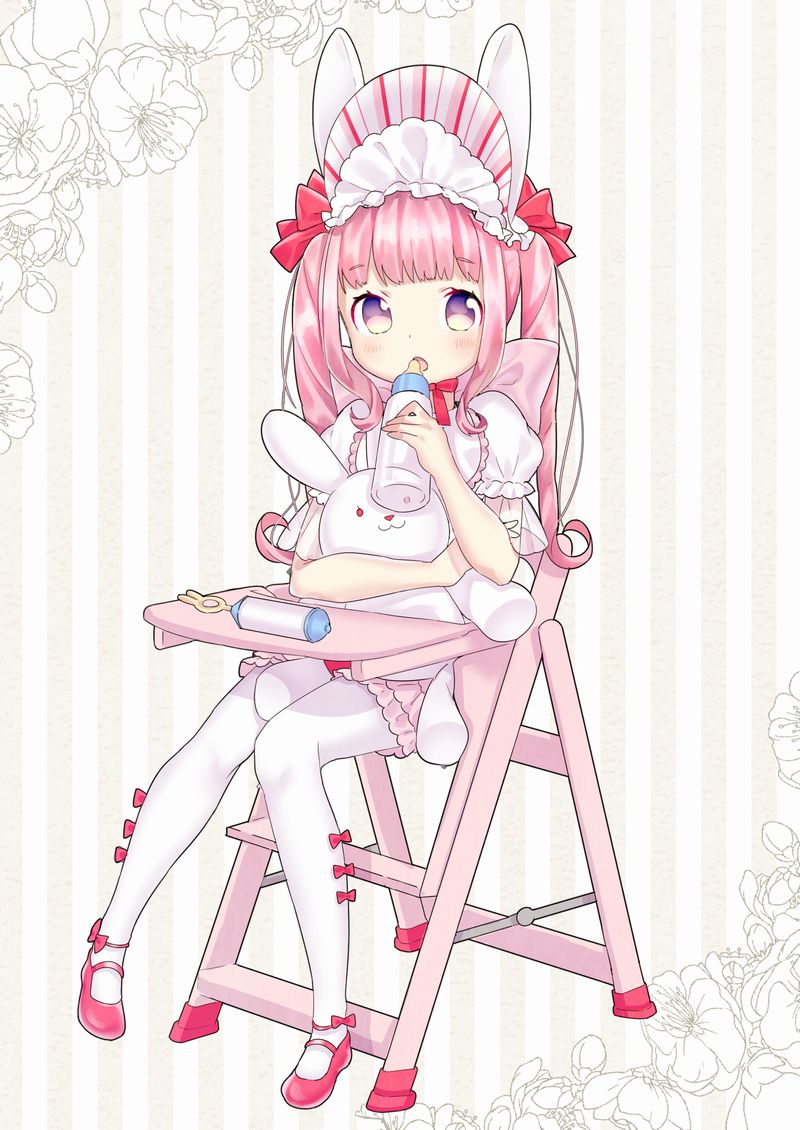 1girl :3 :o animal_ears baby_bottle bangs bib blush bottle bow chair commentary eyebrows_visible_through_hair flower full_body hair_bow high_chair holding holding_bottle looking_at_viewer mary_janes object_hug open_mouth original pantyhose pink_bow pink_footwear pink_hair pink_skirt puffy_short_sleeves puffy_sleeves rabbit_ears rattle red_bow shirt shoes short_sleeves sitting skirt solo striped stuffed_animal stuffed_bunny stuffed_toy suzuki_moeko tareme twintails vertical-striped_background vertical_stripes violet_eyes white_legwear white_shirt