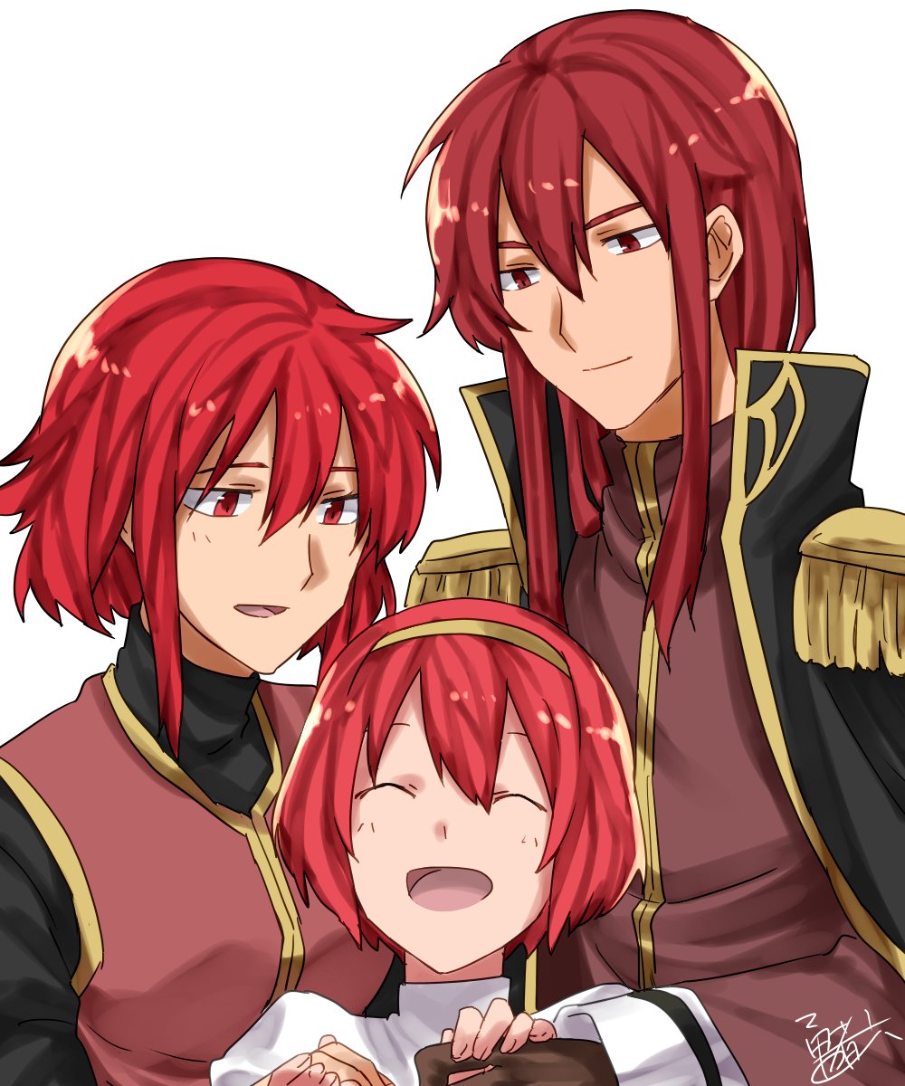 1boy 2girls brother_and_sister dress fire_emblem fire_emblem:_mystery_of_the_emblem fire_emblem_heroes gloves highres long_hair minerva_(fire_emblem) misheil_(fire_emblem) multiple_girls open_mouth red_eyes redhead short_hair siblings sisters smile