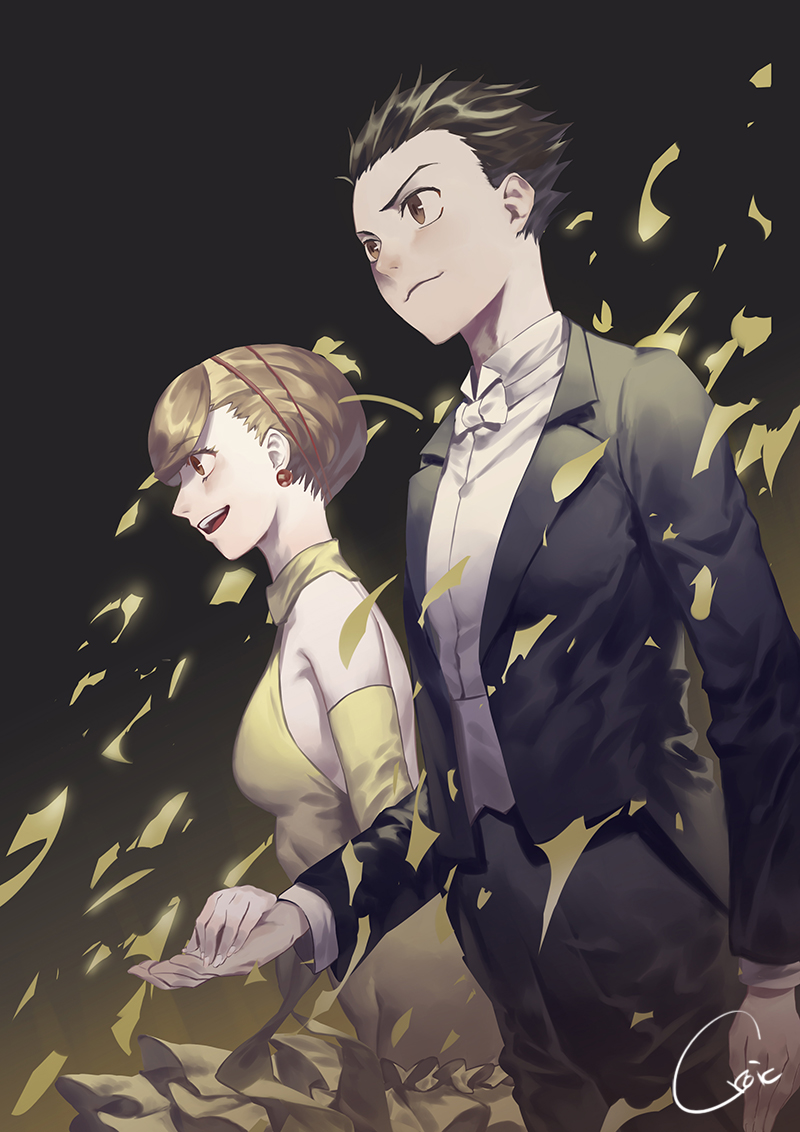 1boy 1girl :d akagi_mako arm_at_side artist_name ballroom_e_youkoso black_hair brown_eyes brown_hair croic dress earrings formal fujita_tatara gradient gradient_background hand_holding jewelry looking_to_the_side open_mouth smile standing suit white_neckwear yellow_dress