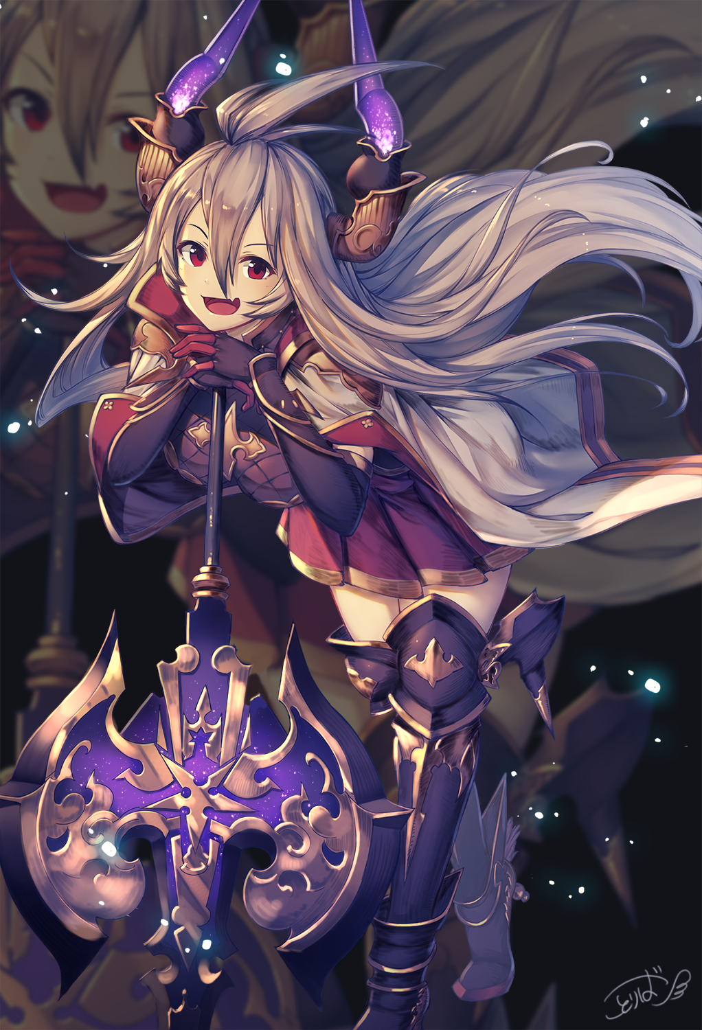 1girl :d armor axe bent_over boots capelet elbow_gloves fang gloves granblue_fantasy greaves hair_between_eyes hands_on_hilt highres holding holding_weapon horns kotoribako long_hair looking_at_viewer open_mouth pleated_skirt purple_gloves red_eyes red_skirt sarasa_(granblue_fantasy) signature silver_hair skirt smile solo thigh-highs thigh_boots very_long_hair weapon zoom_layer