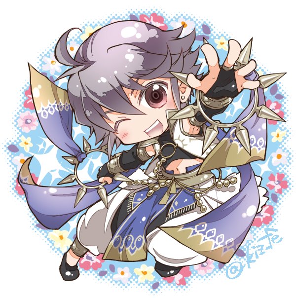 1boy chibi dancer elbow_gloves fire_emblem fire_emblem:_kakusei fire_emblem_heroes fire_emblem_if gloves kizuki_miki lazward_(fire_emblem_if) looking_at_viewer one_eye_closed simple_background smile solo white_hair