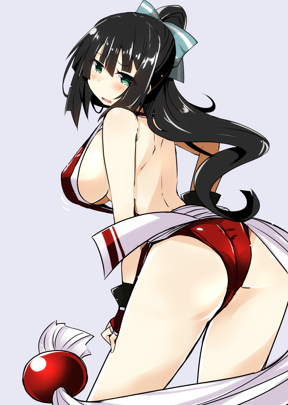 1girl ass bare_back bikini black_hair blush breasts cosplay green_eyes hair_ribbon highres japanese_clothes large_breasts long_hair looking_at_viewer ponytail ribbon shiranui_mai shiranui_mai_(cosplay) shirogane_(platinum) sideboob solo the_king_of_fighters tougou_mimori yuuki_yuuna_wa_yuusha_de_aru yuusha_de_aru