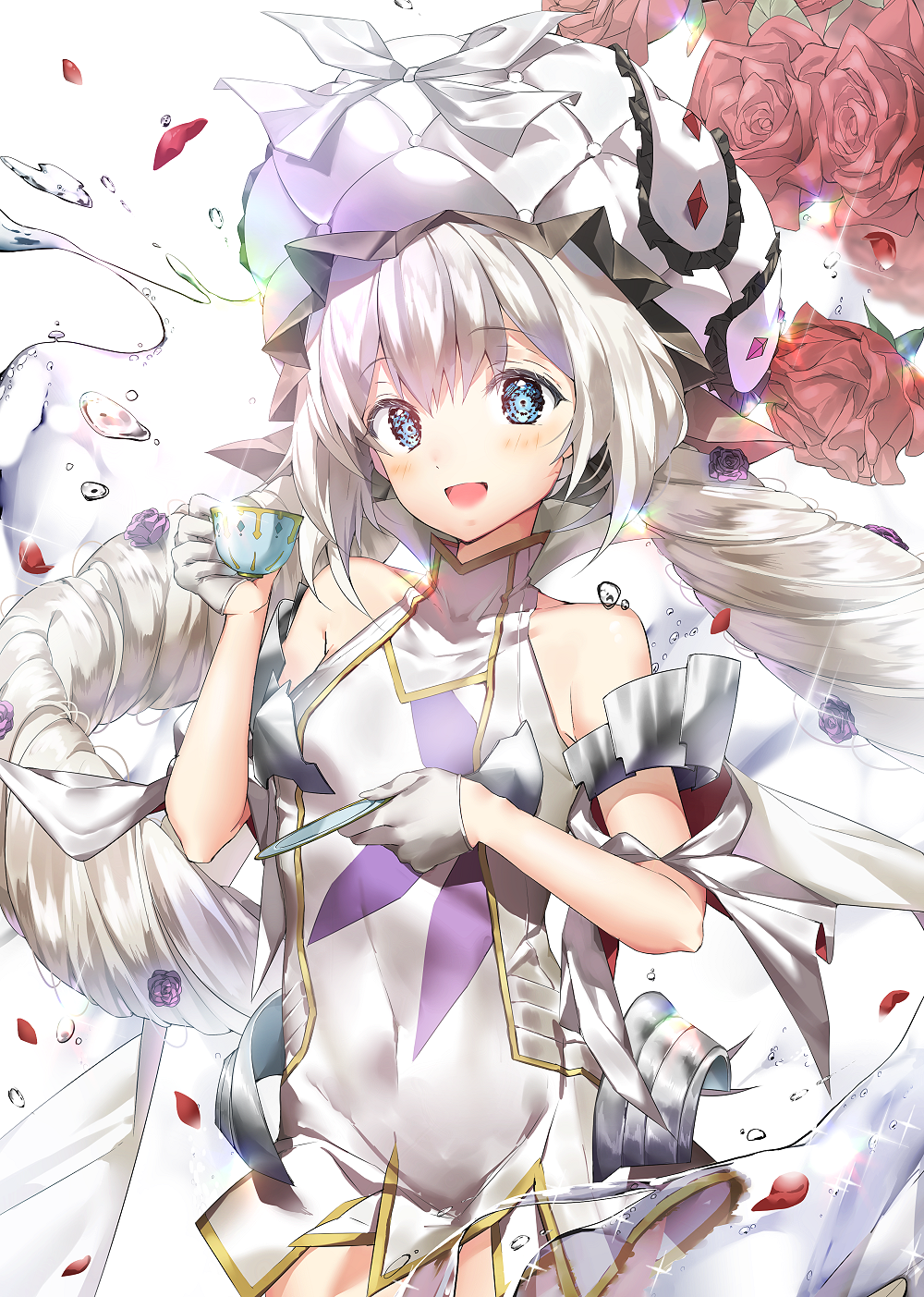 1girl :d bangs blue_eyes blush commentary_request cup dress eyebrows_visible_through_hair fate/grand_order fate_(series) flower frilled_hat frills gloves h_shai hair_between_eyes hair_flower hair_ornament half_gloves hat head_tilt highres holding holding_cup holding_saucer long_hair looking_at_viewer low_twintails marie_antoinette_(fate/grand_order) open_mouth petals purple_rose red_rose rose rose_petals saucer short_dress silver_hair smile solo teacup twintails very_long_hair water white_dress white_gloves white_hat