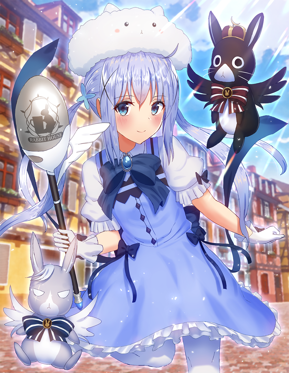 1girl adapted_costume animal animal_on_head bangs black_bow black_wings blue_dress blue_eyes blue_sky blunt_bangs blush bow bunny_on_head clouds da dress eyebrows_visible_through_hair floating_hair gloves gochuumon_wa_usagi_desu_ka? highres holding holding_spoon kafuu_chino long_hair looking_at_viewer mikomiko_(mikomikosu) on_head outdoors pinafore_dress rabbit shiny shiny_hair short_sleeves silver_hair sky sleeveless sleeveless_dress smile spoon sunlight tippy_(gochiusa) twintails very_long_hair white_gloves white_legwear white_wings wild_geese wings