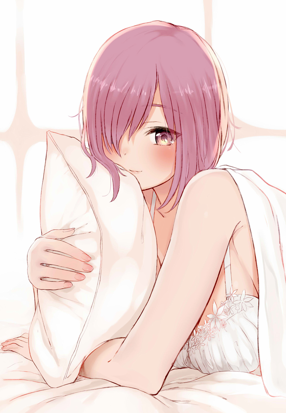 1girl bare_shoulders bed_sheet blanket blush bra breasts cleavage closed_mouth eyebrows_visible_through_hair fate/grand_order fate_(series) fingernails hair_over_one_eye highlights highres kento1102 lips lying mash_kyrielight medium_breasts multicolored multicolored_eyes multicolored_hair nail_polish object_hug on_stomach pillow pillow_hug pink_eyes pink_hair pink_nails short_hair smile tareme under_covers underwear underwear_only upper_body white_bra yellow_eyes