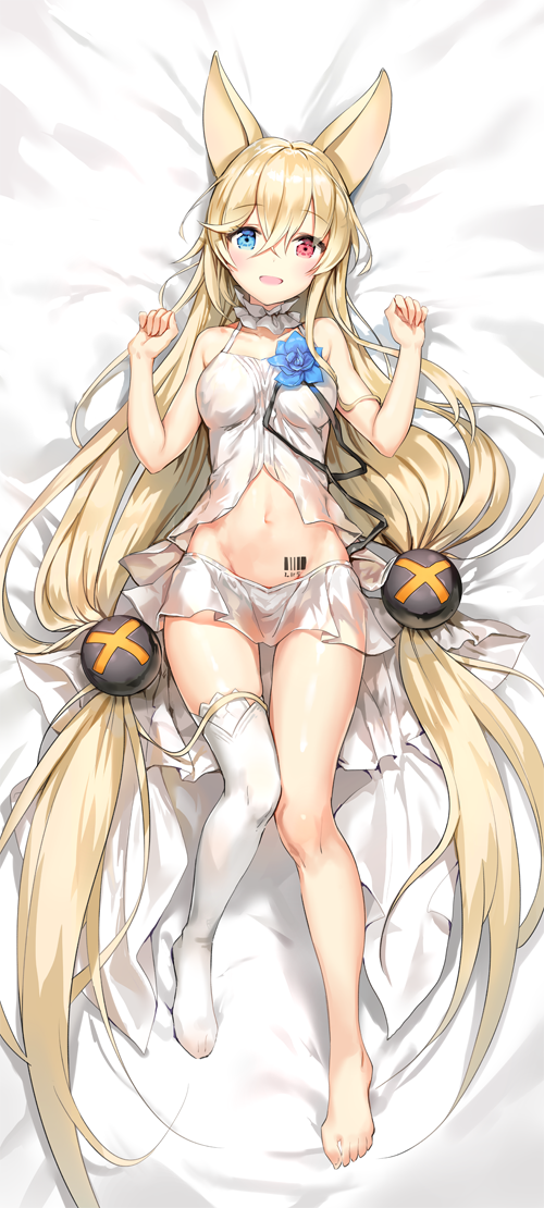 1girl babydoll bangs barcode_tattoo bed_sheet blush breasts eyebrows_visible_through_hair g41_(girls_frontline) girls_frontline hair_between_eyes hair_bobbles hair_ornament hands_up heterochromia long_hair looking_at_viewer lying marmoset_(marmoset0) on_back open_mouth see-through single_thighhigh small_breasts smile solo tattoo thigh-highs very_long_hair white_legwear