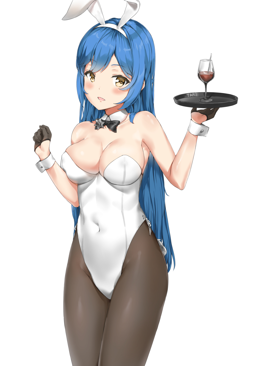 animal_ears arm_up bangs bare_shoulders black_gloves black_legwear blue_hair bow bowtie breast_press breasts brown_eyes bunny_girl bunnysuit cleavage cocktail_glass covered_navel cowboy_shot cup detached_collar drinking_glass eyebrows_visible_through_hair fake_animal_ears girls_frontline gloves hairband half_gloves hand_up hexagram highres holding holding_tray large_breasts legs_together long_hair pantyhose pixel_(yuxian) rabbit_ears sidelocks simple_background standing star_of_david straight_hair swept_bangs tar-21_(girls_frontline) tray waitress white_background wrist_cuffs