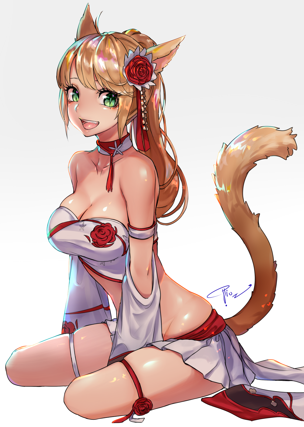 1girl animal_ears bare_shoulders blonde_hair breasts cat_ears cat_tail choker cleavage crop_top detached_sleeves final_fantasy final_fantasy_xiv green_eyes hair_ornament highres large_breasts looking_at_viewer miqo'te open_mouth pleated_skirt ponytail potion_lilac(popopotionu) ribbon simple_background sitting skirt slit_pupils solo tail thigh_ribbon