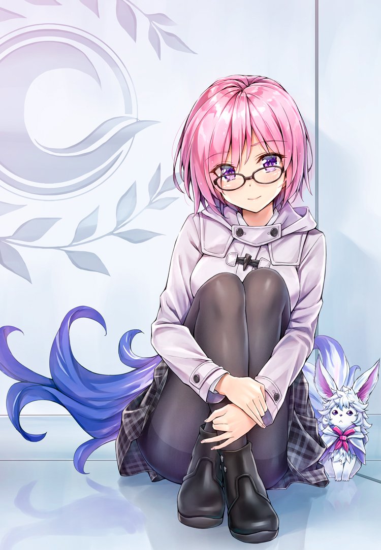 1girl against_wall ankle_boots bangs black-framed_eyewear black_footwear black_legwear black_skirt blush boots capelet convenient_leg creature crossed_ankles duffel_coat eyebrows_visible_through_hair fate/grand_order fate_(series) fou_(fate/grand_order) full_body grey_coat hood hood_down hooded_coat knees_up kotatsu_(kotatsu358) legs_together long_sleeves looking_at_viewer mash_kyrielight pantyhose pink_hair plaid plaid_skirt shiny shiny_hair short_hair sitting skirt tareme thighband_pantyhose violet_eyes wall