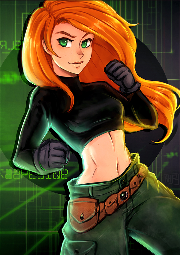 1girl belt_pouch black_gloves breasts cargo_pants clenched_hands commentary crop_top disney fighting_stance gloves green_eyes iahfy kim_possible kimberly_ann_possible long_hair medium_breasts midriff orange_hair pants solo toned