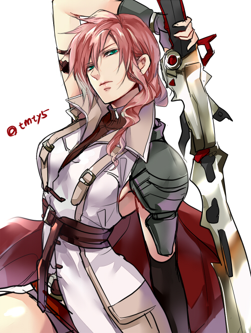 1girl breasts cape commentary_request final_fantasy final_fantasy_xiii fingerless_gloves gloves green_eyes gunblade lightning_farron lips long_hair looking_at_viewer miniskirt pink_hair skirt solo sword tama_(tmfy5) weapon