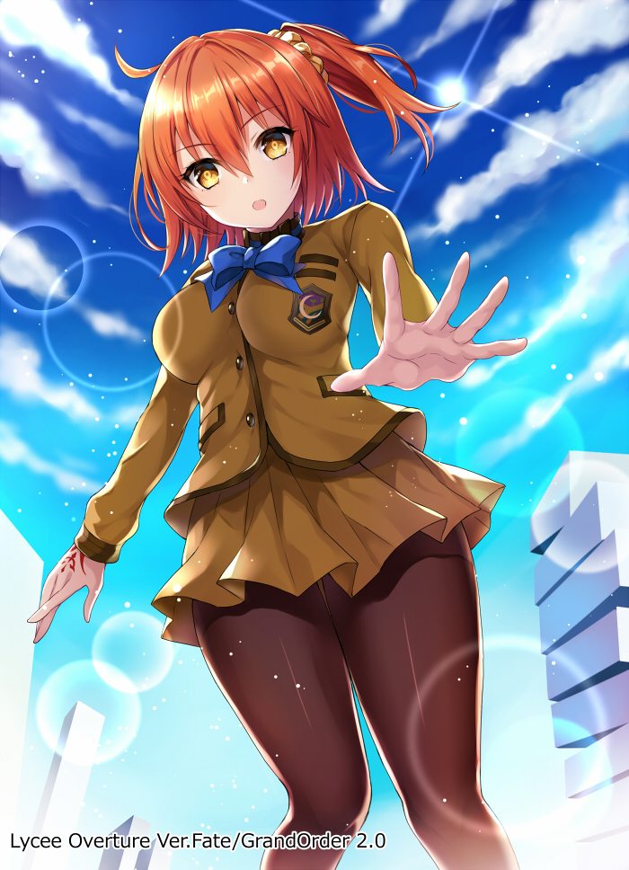 1girl :o ahoge black_legwear blue_bow blue_neckwear blue_sky bow bowtie breasts brown_skirt clouds command_spell copyright_name crescent day emblem eyebrows_visible_through_hair fate/grand_order fate_(series) fujimaru_ritsuka_(female) hair_between_eyes hair_ornament hair_scrunchie harimoji lens_flare light_particles light_rays long_sleeves looking_at_viewer medium_breasts official_art open_mouth orange_hair outdoors palms pantyhose reaching_out school_uniform scrunchie short_hair side_ponytail skirt sky solo standing sunbeam sunlight yellow_eyes