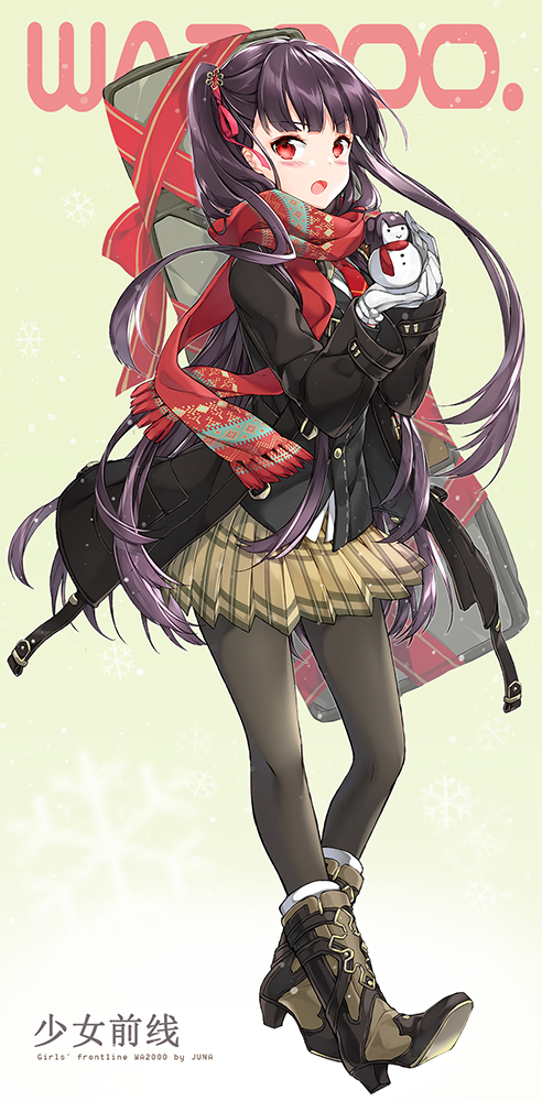 1girl artist_name bangs black_coat black_jacket black_legwear blunt_bangs blush boots brown_footwear brown_skirt character_name coat copyright_name enpera eyebrows_visible_through_hair fringe full_body girls_frontline gradient gradient_background green_background hair_ribbon high_heel_boots high_heels holding jacket juna knee_boots long_hair long_sleeves looking_at_viewer miniskirt open_clothes open_coat parted_lips pink_ribbon pleated_skirt purple_hair red_eyes red_scarf ribbon scarf skirt snowman solo twintails wa2000_(girls_frontline) weapon_bag