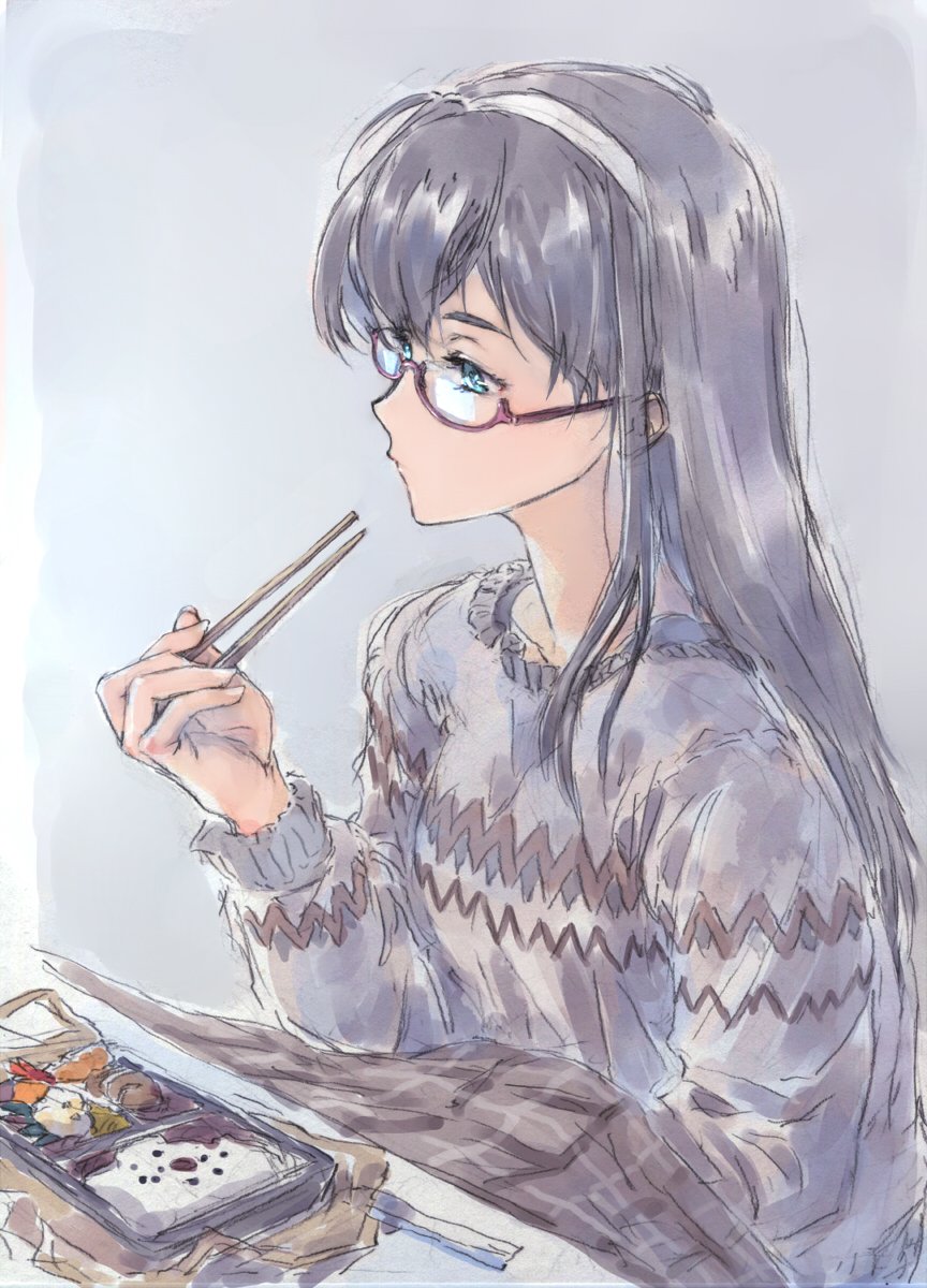 1girl alternate_costume aqua_eyes black_hair blue_eyes chopsticks closed_mouth collarbone commentary food glasses green_eyes hairband highres holding_chopsticks kantai_collection kotatsu long_sleeves obentou ooyodo_(kantai_collection) red-framed_eyewear reflection solo straight_hair suzumaru sweater table under-rim_eyewear upper_body