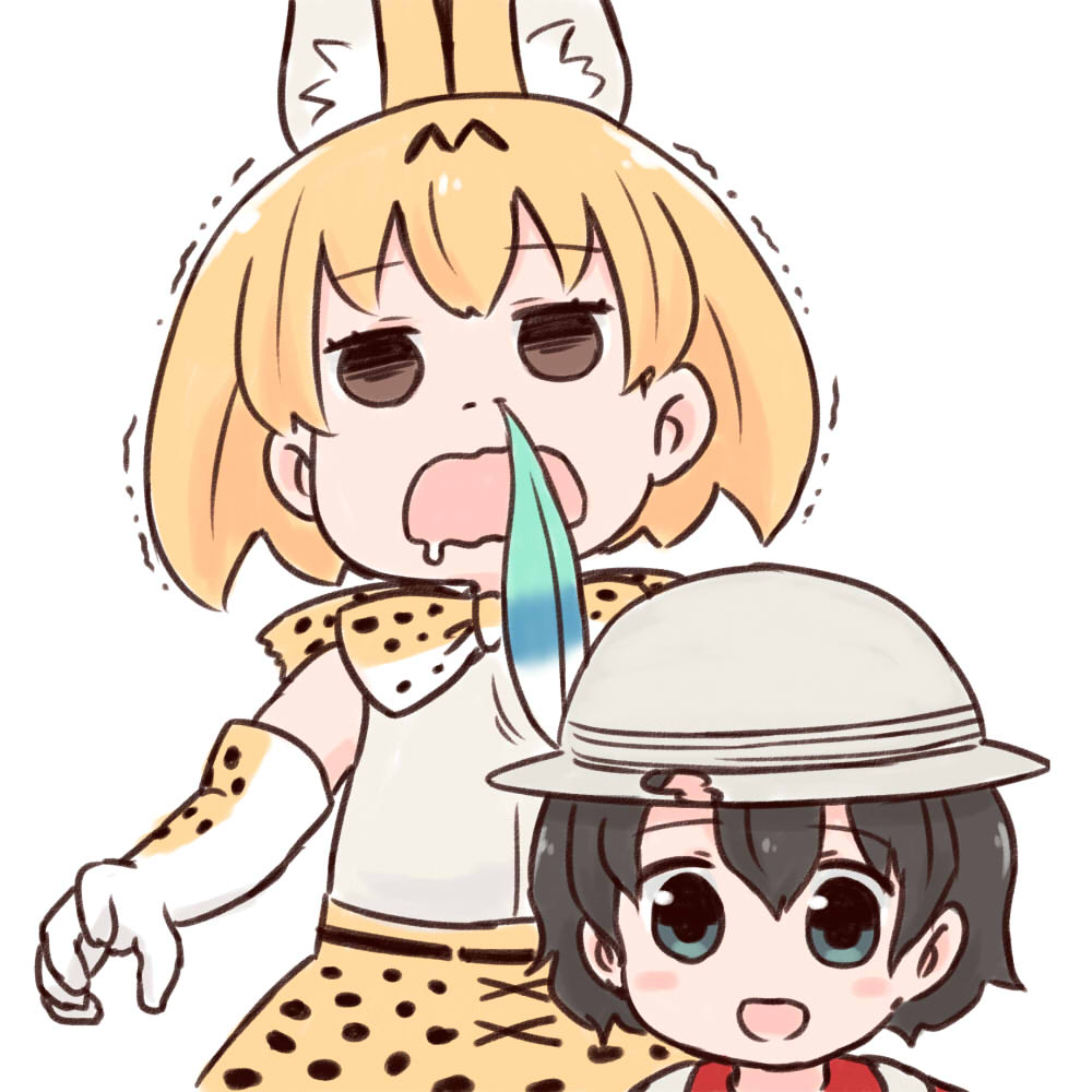 2girls :d backpack bag batta_(ijigen_debris) black_eyes black_hair blush bow bowtie brown_eyes bucket_hat elbow_gloves empty_eyes eyebrows_visible_through_hair gloves grey_hat hat hat_feather high-waist_skirt kaban_(kemono_friends) kemono_friends multiple_girls nostrils open_mouth orange_hair orange_neckwear orange_skirt red_shirt serval_(kemono_friends) shirt short_hair simple_background skirt sleeveless sleeveless_shirt smile sneezing trembling white_background white_shirt