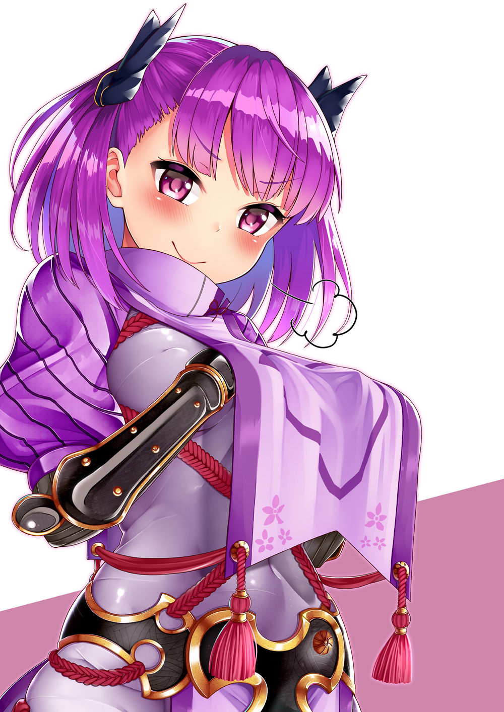 1girl armor blush commentary_request cosplay eyebrows_visible_through_hair fate/grand_order fate_(series) hair_ornament hands_on_own_chest helena_blavatsky_(fate/grand_order) highres looking_at_viewer minamoto_no_raikou_(fate/grand_order) minamoto_no_raikou_(fate/grand_order)_(cosplay) purple_hair rope short_hair smile solo tomojo violet_eyes
