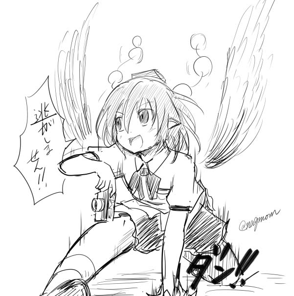 1girl ascot camera dutch_angle eyebrows_visible_through_hair foreshortening greyscale hat landing leaning_forward looking_to_the_side monochrome open_mouth pointy_ears pom_pom_(clothes) shameimaru_aya sketch taurine_8000mg tokin_hat touhou translation_request twitter_username wings