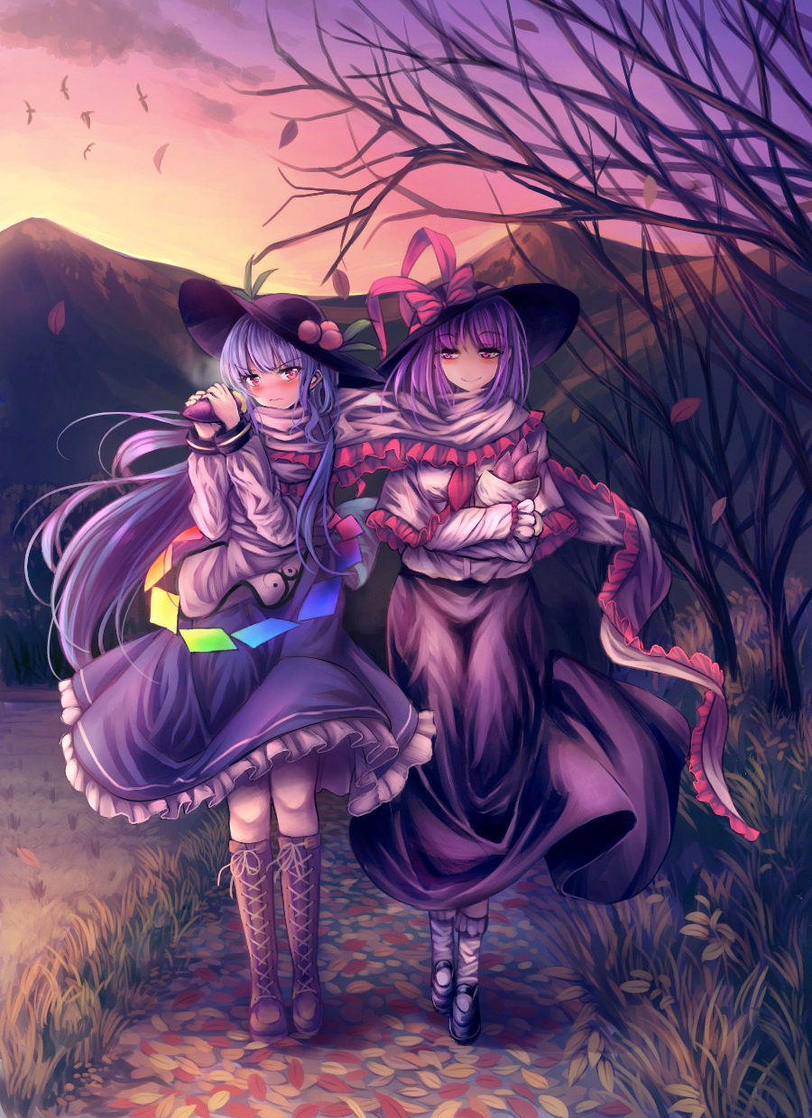 2girls autumn_leaves black_footwear black_hat black_skirt blue_hair blue_skirt blush boots bow brown_footwear capelet closed_mouth commentary_request cross-laced_footwear food fruit grass hands_up hat hat_bow highres hinanawi_tenshi holding holding_food leaf long_hair long_skirt long_sleeves maru_daizu_(aqua6233) mountain multiple_girls nagae_iku outdoors path peach petticoat purple_hair red_bow red_eyes road scarf shared_scarf shoes skirt smile socks sweet_potato touhou very_long_hair walking white_legwear wind