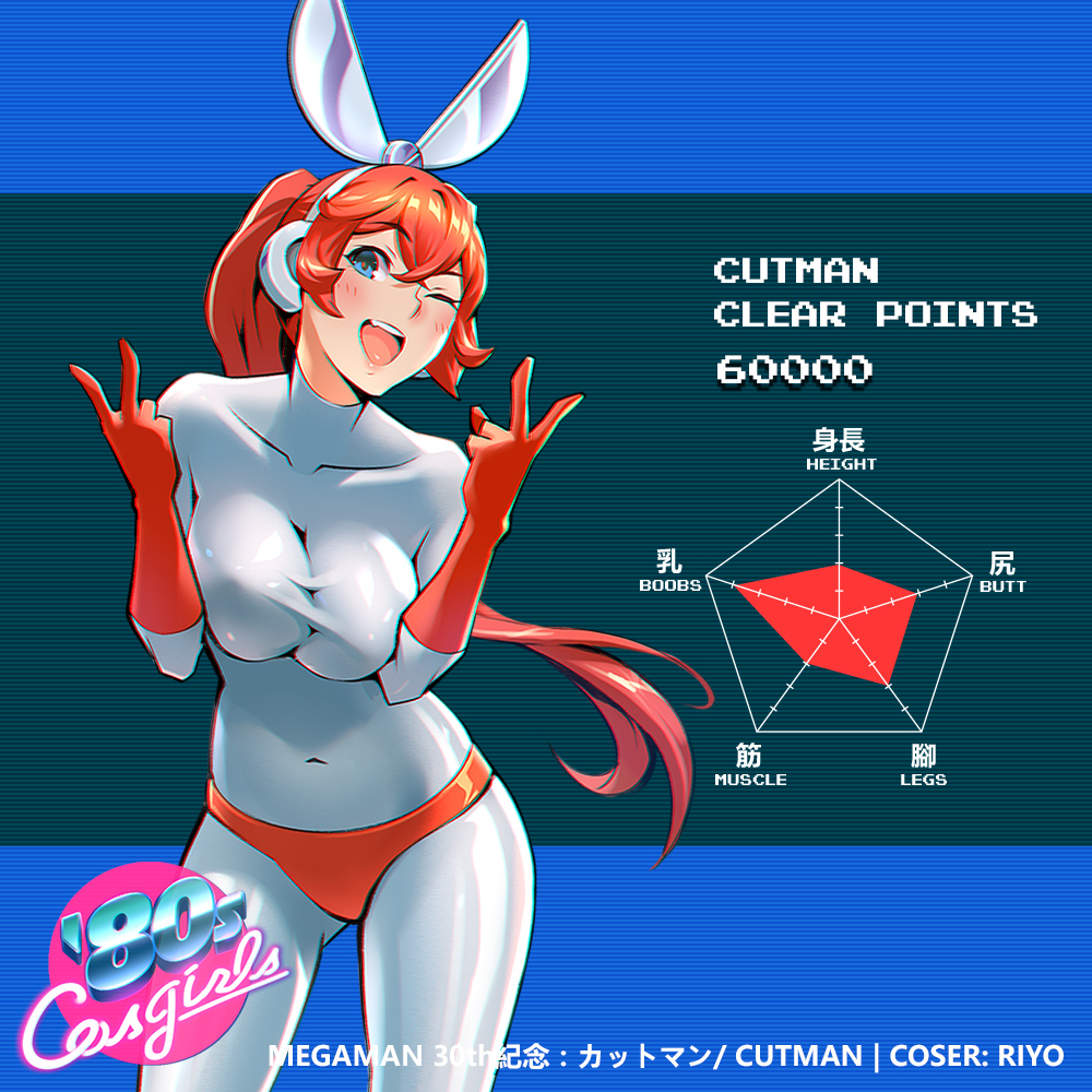 1girl ;d bangs blue_eyes blush bodysuit breast_squeeze breasts character_name character_profile collarbone covering covering_breasts cowboy_shot cutman double_v elbow_gloves english eyebrows_visible_through_hair gloves gluteal_fold grey_bodysuit hands_up head_tilt leaning_forward long_hair looking_at_viewer one3four! one_eye_closed open_mouth ponytail red_gloves redhead rockman rockman_(classic) round_teeth skin_tight smile standing striped striped_background teeth v