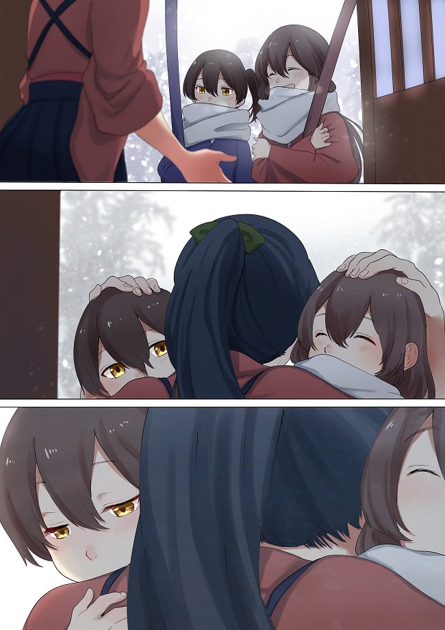 3girls 3koma :d ^_^ ^o^ akagi_(kantai_collection) bangs black_skirt blue_hair blush brown_eyes brown_hair close-up closed_eyes coat comic day face green_ribbon hair_between_eyes hair_ribbon hand_on_another's_head happy houshou_(kantai_collection) hug japanese_clothes kaga_(kantai_collection) kantai_collection kimono long_hair long_sleeves looking_away looking_down multiple_girls open_mouth ponytail red_kimono ribbon scarf silent_comic skirt smile snowing tachikoma_(mousou_teikoku) upper_body white_scarf winter winter_clothes winter_coat younger