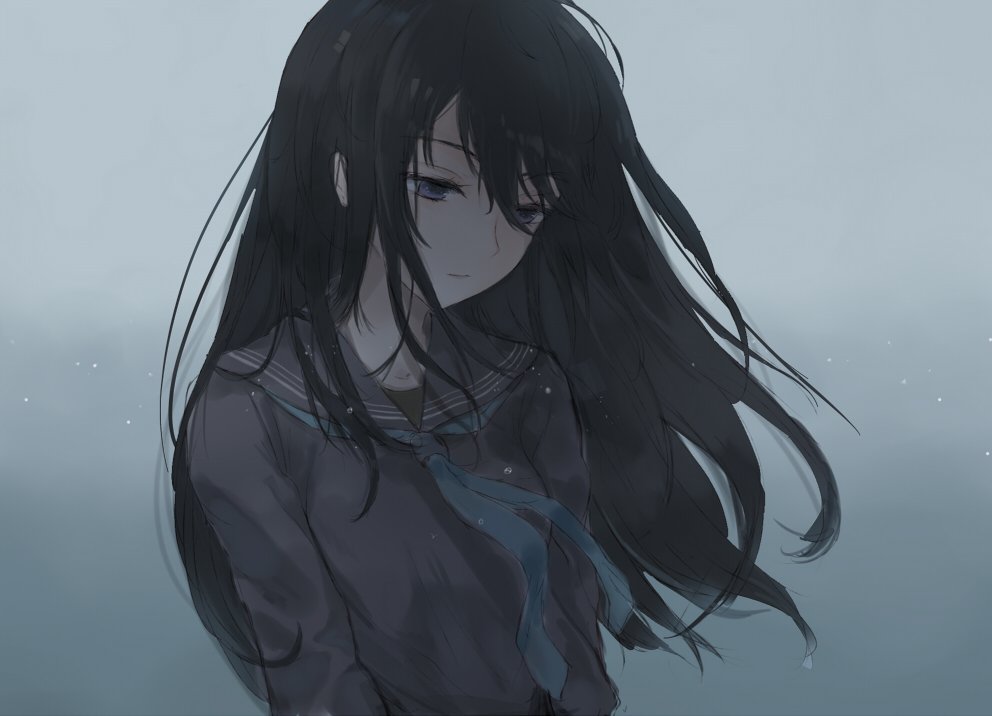 1girl bangs black_hair blue_eyes blue_neckwear closed_mouth grey_background grey_sailor_collar grey_shirt hair_between_eyes kachi long_hair long_sleeves looking_down neckerchief original sailor_collar school_uniform serafuku shirt solo upper_body