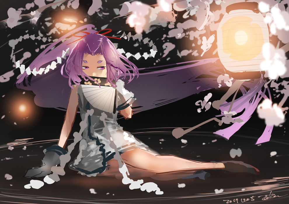 1girl arm_support artist_name closed_fan collarbone dated eyes_visible_through_hair fan fan_over_face fireflies folding_fan full_body gloves hair_intakes hatsuharu_(kantai_collection) high_heels hikimayu holding holding_fan kantai_collection lantern long_hair looking_at_viewer looking_away night night_sky petals petals_on_water ponytail purple_hair remodel_(kantai_collection) sitting skirt sky solo tied_hair toka_(marchlizard) very_long_hair violet_eyes water white_gloves yokozuwari