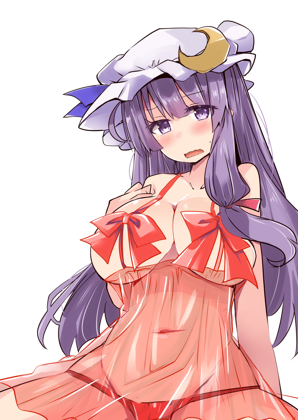 1girl bangs bare_arms blunt_bangs blush breasts cleavage crescent crescent_hair_ornament hair_ornament hair_ribbon hat highres large_breasts lingerie long_hair looking_at_viewer mob_cap navel negligee patchouli_knowledge plump purple_hair red_ribbon ribbon see-through shirogane_(platinum) simple_background solo touhou underwear very_long_hair violet_eyes white_background