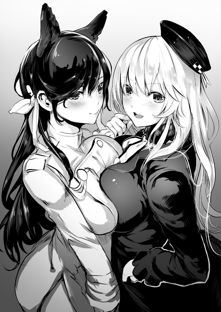 2girls animal_ears atago_(azur_lane) atago_(kantai_collection) azur_lane bangs beret blush botan_mochito breast_press breasts buttons closed_mouth eyebrows_visible_through_hair finger_to_cheek from_side gradient gradient_background greyscale hair_ribbon hat kantai_collection large_breasts long_hair long_sleeves looking_at_viewer monochrome multiple_girls open_mouth ribbon simple_background smile standing symmetrical_docking
