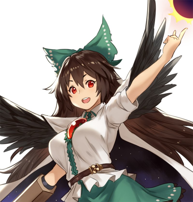 1girl arm_cannon arm_up belt between_breasts black_wings blouse bow breasts cape commentary feathered_wings green_bow green_skirt hair_between_eyes hair_bow houtengeki index_finger_raised large_breasts long_hair looking_at_viewer miniskirt red_eyes reiuji_utsuho simple_background skirt smile solo third_eye touhou very_long_hair weapon white_background white_blouse wings