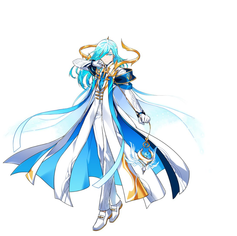 1boy ainchase_ishmael artist_request blue_eyes blue_hair blue_neckwear elsword expressionless full_body gloves long_hair looking_at_viewer male_focus necktie official_art pants richter_(elsword) shoes simple_background solo white_background white_coat white_footwear white_gloves white_pants