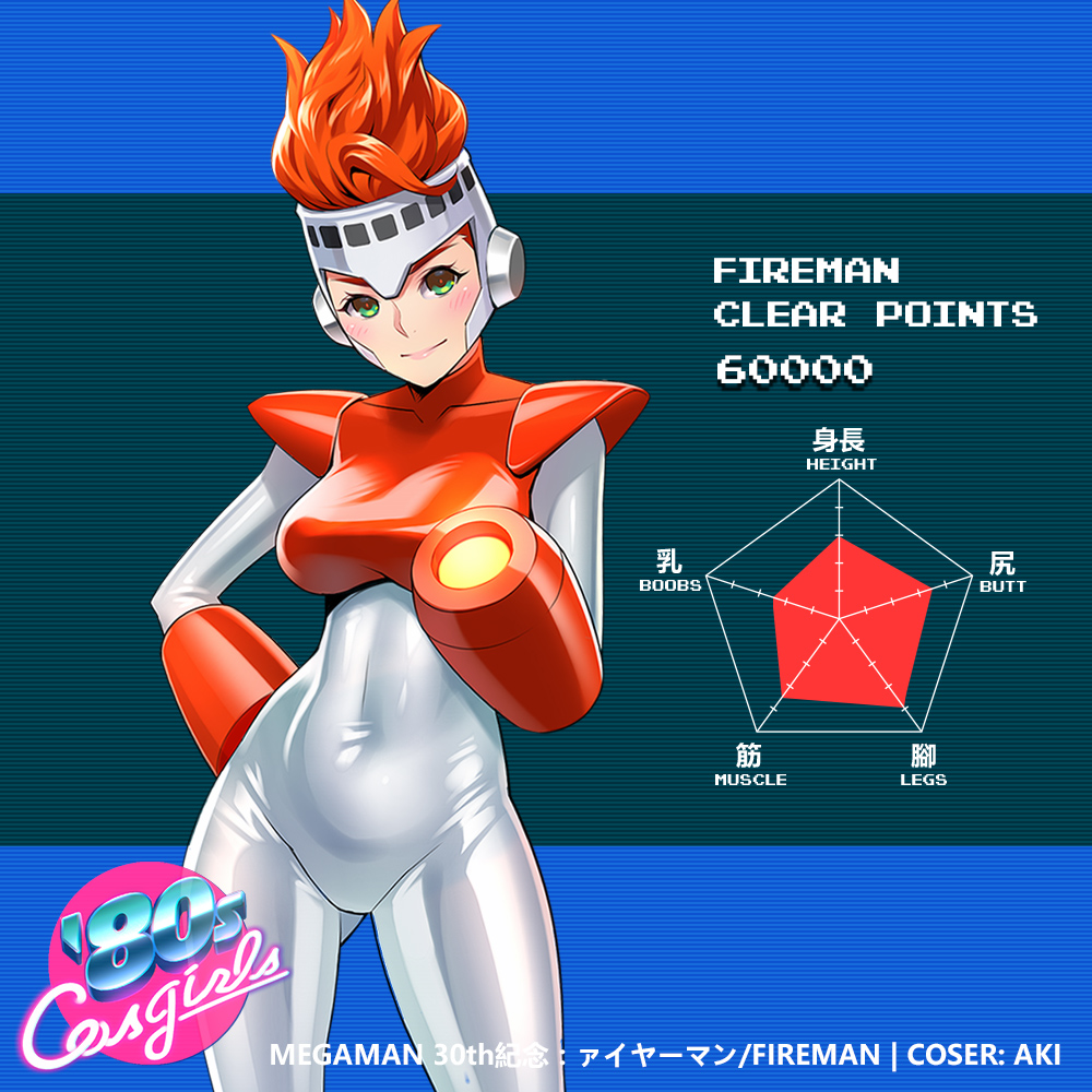 &gt;:) 1girl arm_cannon blush breasts character_name character_profile closed_mouth covered_navel cowboy_shot english erect_nipples fireman genderswap genderswap_(mtf) gluteal_fold green_eyes hand_on_hip headgear lips looking_at_viewer medium_breasts one3four! redhead rockman rockman_(classic) shiny shiny_clothes short_hair shoulder_pads smile solo standing striped striped_background tareme v-shaped_eyebrows weapon